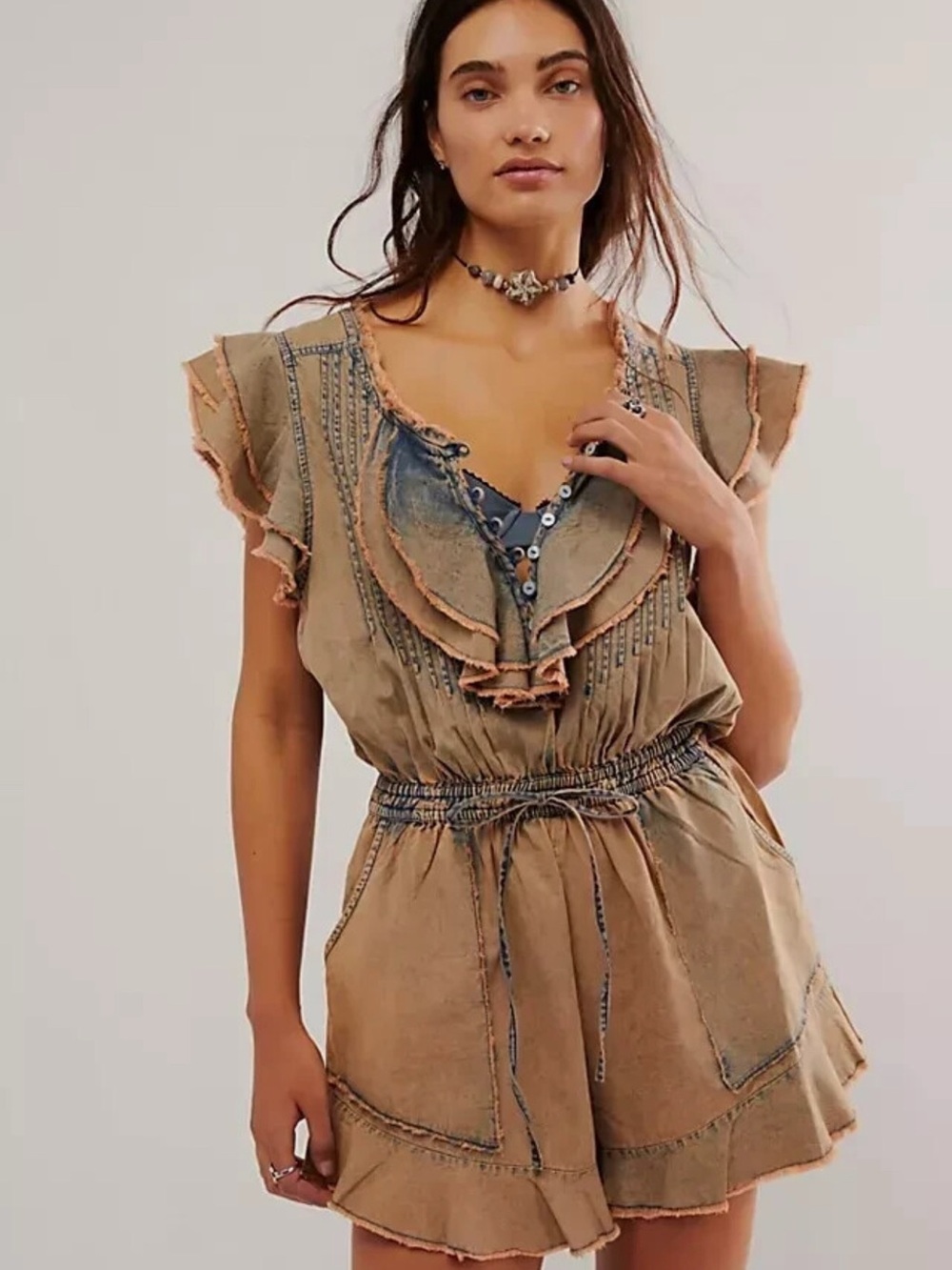 Free People FP One Ladies M Naya Chambray Romper in Peach